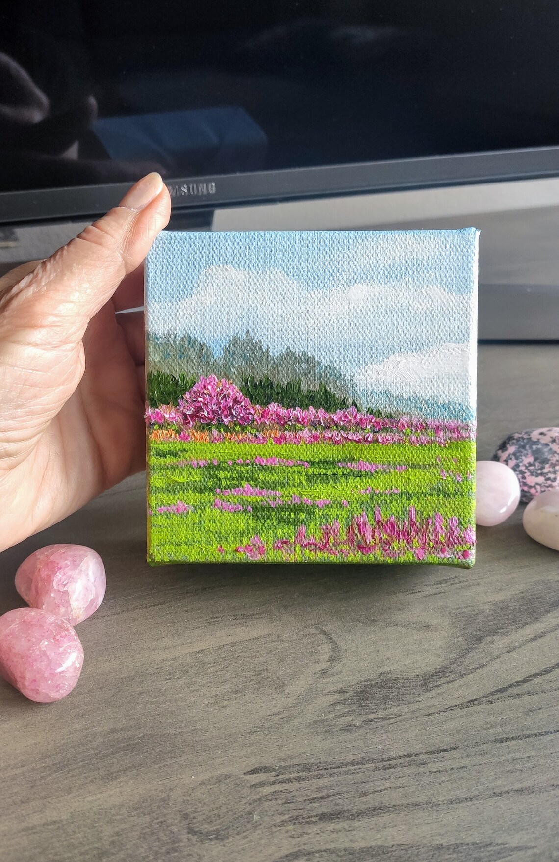 Pink Wildflower Field Spring Mini Canvas Meadow Landscape Painting Art - Image 3