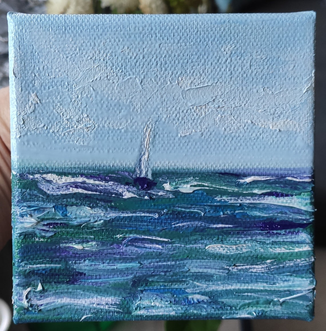 White Sailboat On Deep Teal Blue Sea Under Calm Pale Sky Art Poster - Image 2