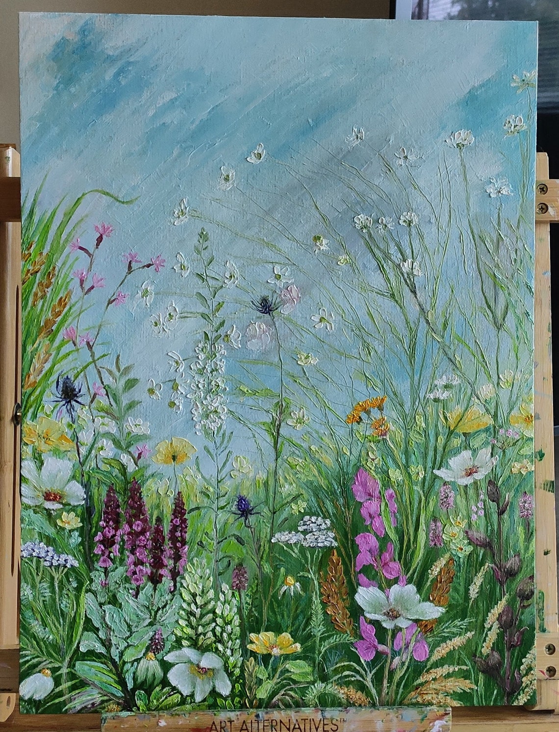 Dense Wildflower Meadow White Cosmos Blooms Nature Oil Painting Art - Image 2