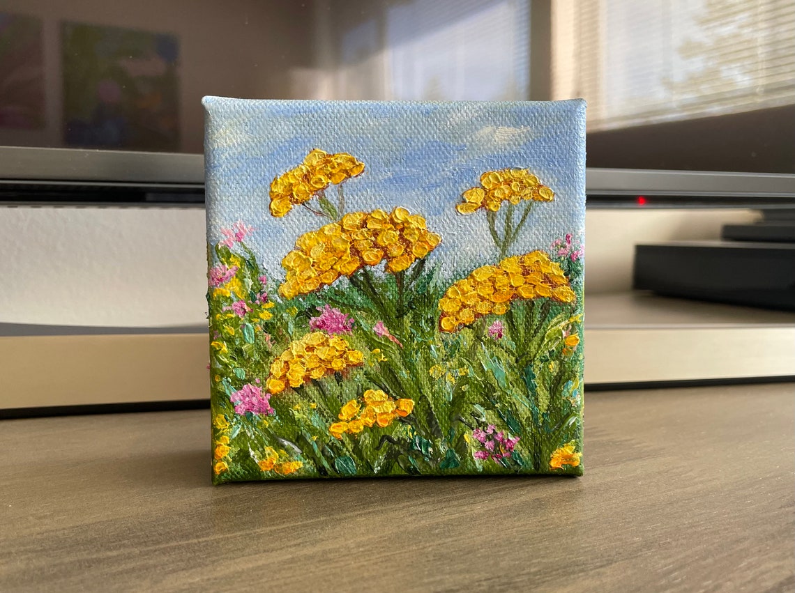 Golden Tansy Wildflowers Blue Sky Meadow Tiny Oil Painting Poster - Image 2