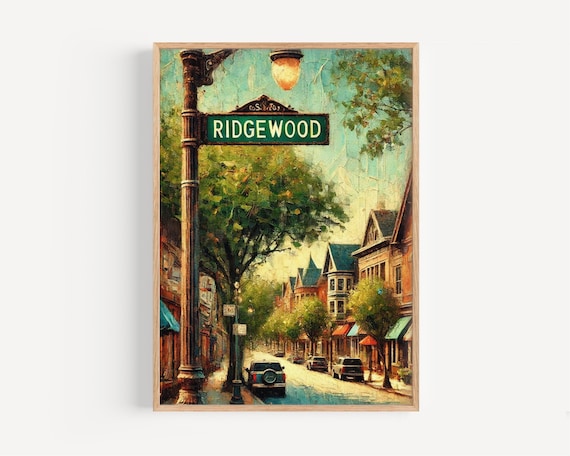 Ridgewood Tree-Lined Main Street Colorful Impressionist Painting Poster