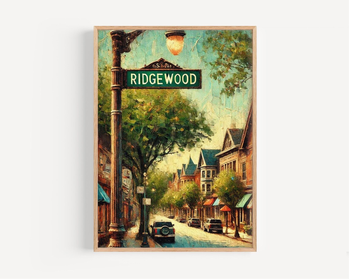 Ridgewood Tree-Lined Main Street Colorful Impressionist Painting Poster
