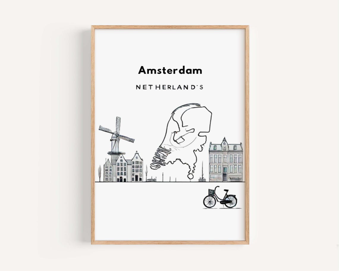 Amsterdam Netherlands Line Art Map with Windmill and Bike Poster