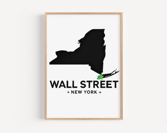 Wall Street New York Black State Silhouette Green Star Map Poster