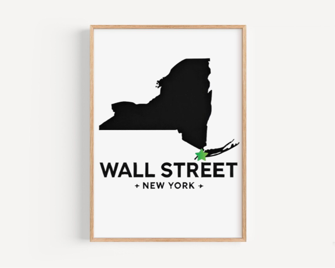 Wall Street New York Black State Silhouette Green Star Map Poster