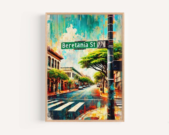 Beretania Street Honolulu Travel Poster Colorful Street Sign City Scene Decor