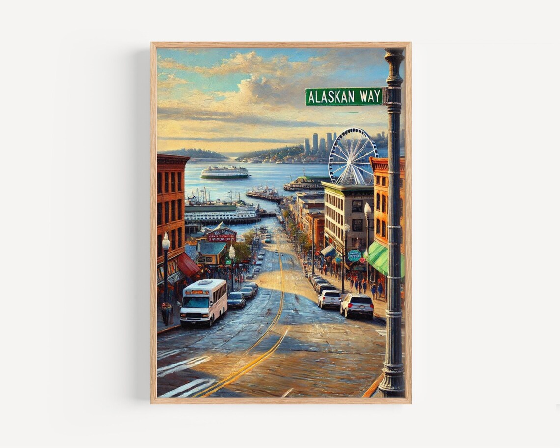 Alaskan Way Seattle Waterfront Great Wheel Ferry Sunset Cityscape Poster