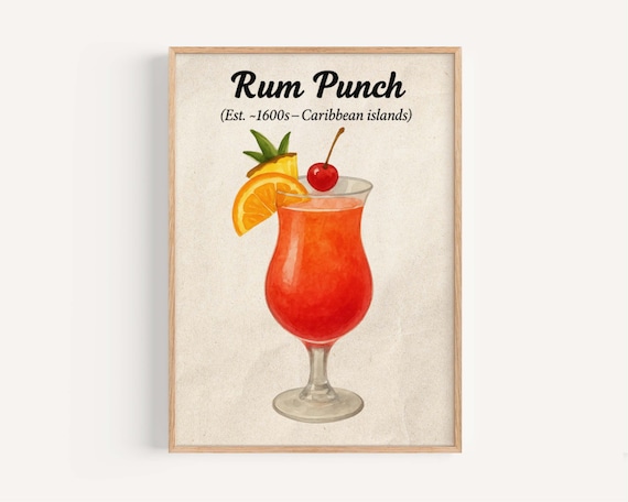 Vintage Rum Punch Cocktail Recipe Illustration Caribbean Bar Art Poster