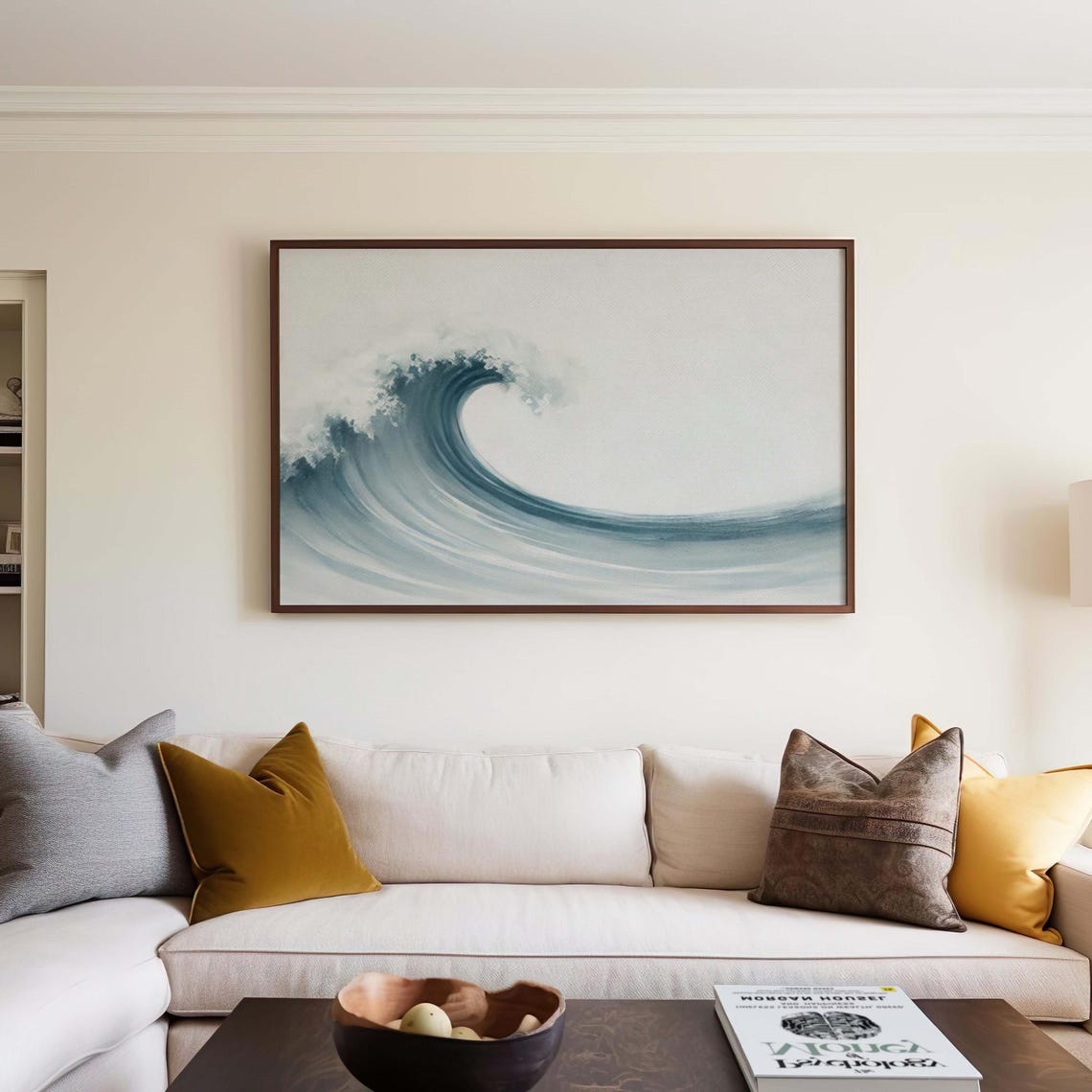 Minimalist Teal Ocean Wave Curl White Background Watercolor Poster