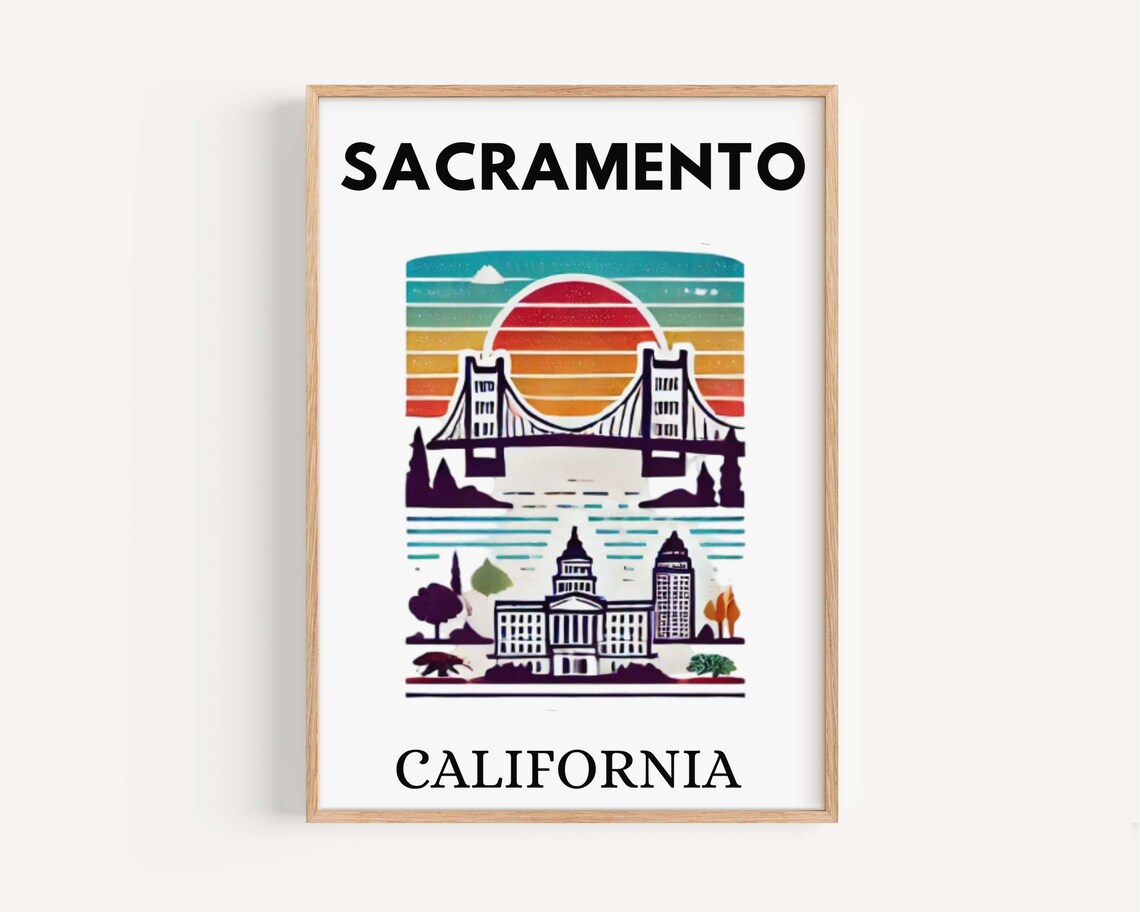 Sacramento California Retro Sunset Tower Bridge Travel Poster