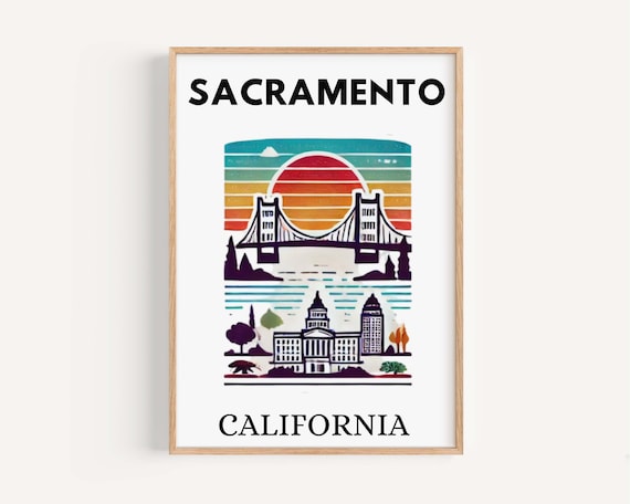 Sacramento California Retro Sunset Tower Bridge Travel Poster