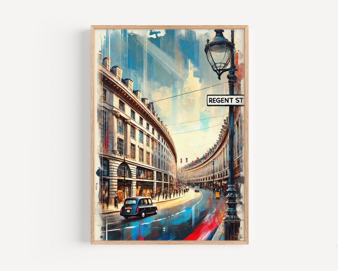 Regent Street London Black Cab Painterly Cityscape Travel Poster