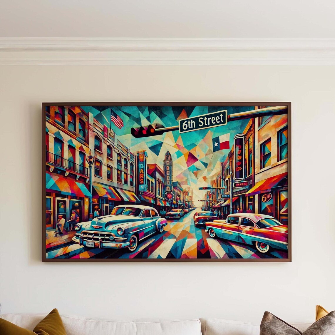 Austin Texas Sixth Street Cubism Poster With Classic Cars Neon Bars Scene