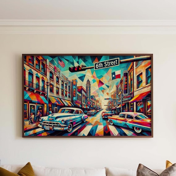 Austin Texas Sixth Street Cubism Poster With Classic Cars Neon Bars Scene