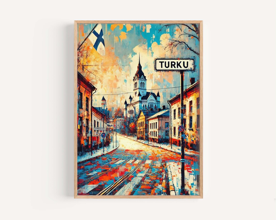 Turku Finland Snowy Street Cathedral Colorful Travel Art Poster