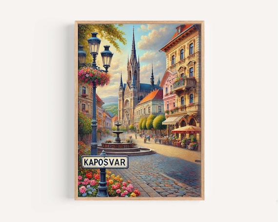 Kaposvar Hungary Cathedral Flower Lined Cobblestone Square Travel Poster
