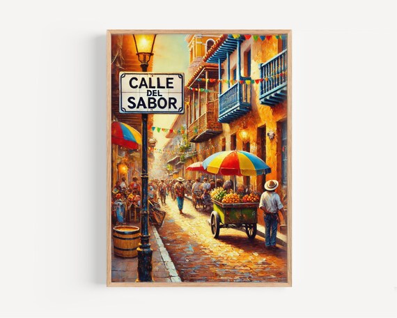 Calle del Sabor Vibrant Colonial Street Fruit Vendor Scene Art Poster
