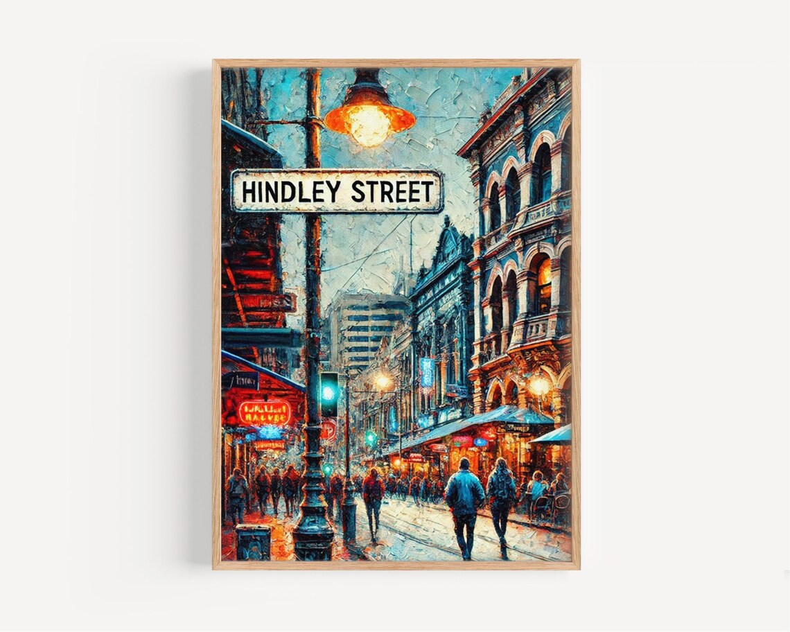 Adelaide Hindley Street Neon Nightlife Evening Oil Painting Poster