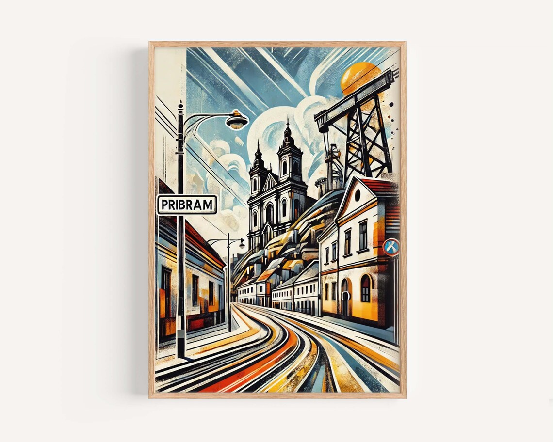 Pribram Czech Republic Church Street Scene Art Travel Poster