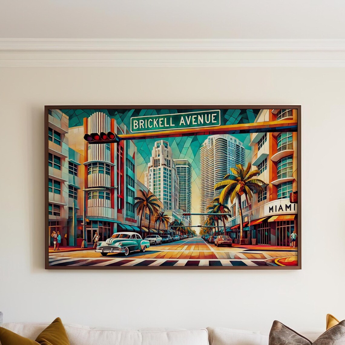 Brickell Avenue Miami Florida Cubism Travel Poster Palm Skyline
