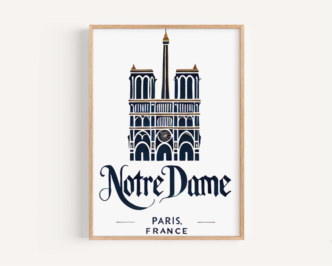 Notre Dame Paris France Navy Line Art Cathedral Travel Poster