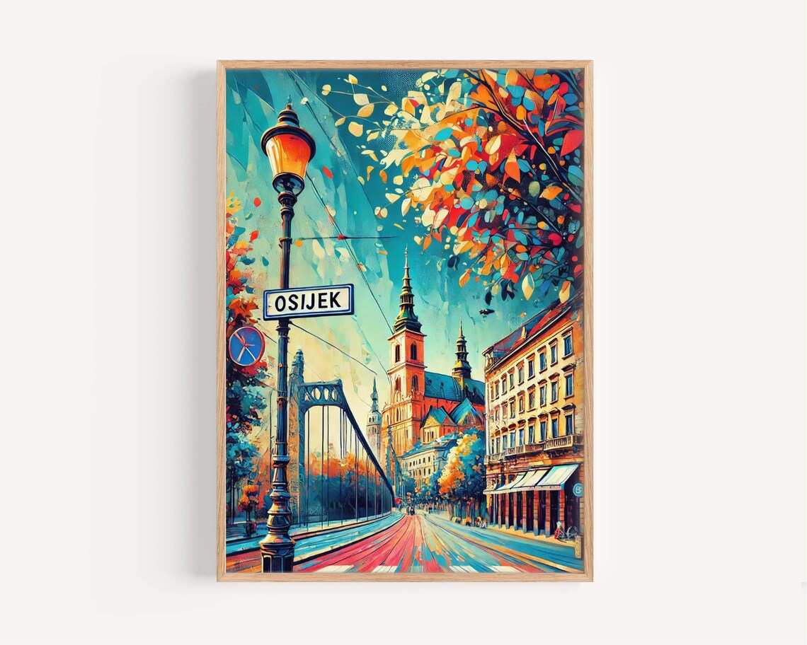 Osijek Croatia Autumn Street Scene Vintage Travel Illustration Print