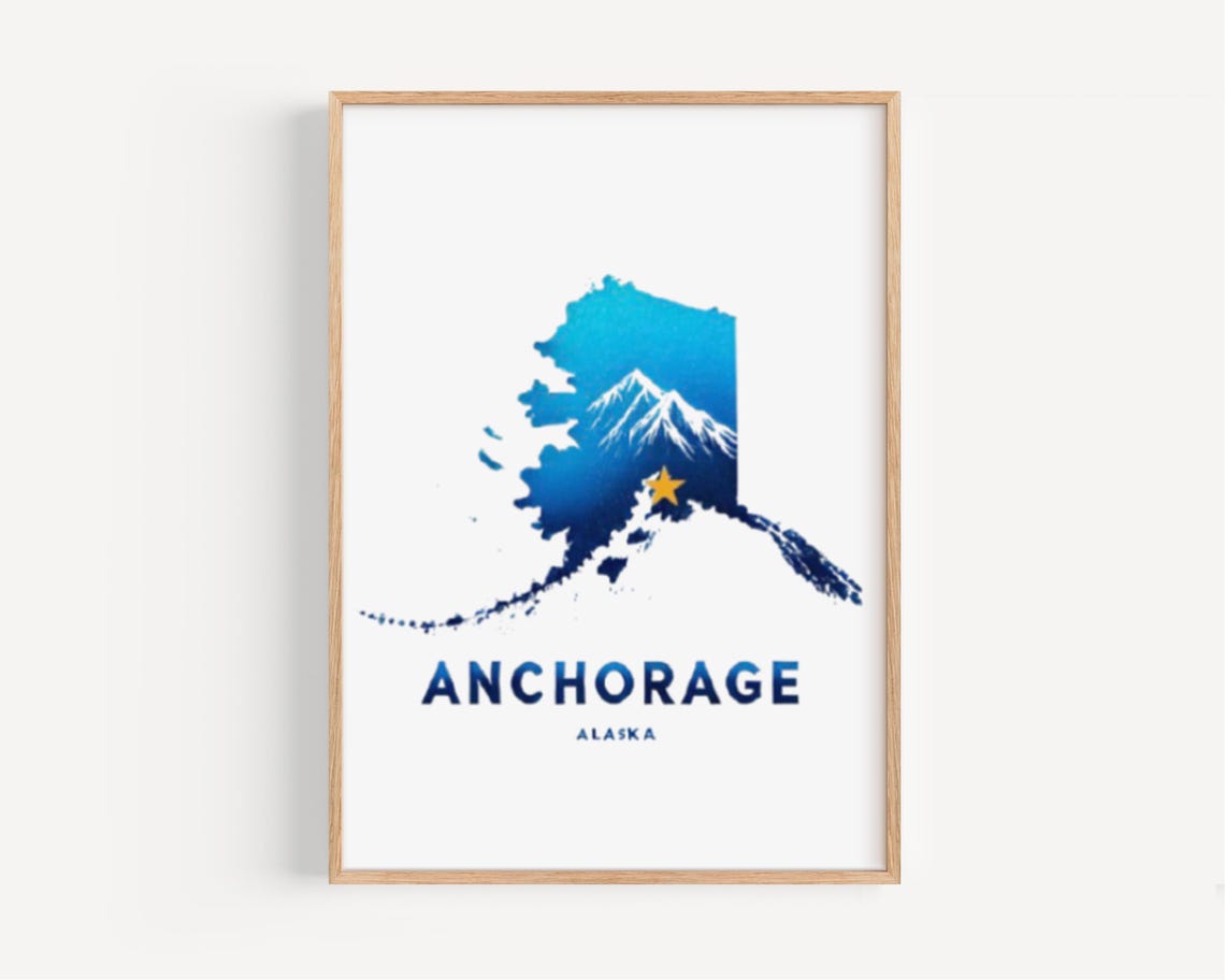 Anchorage Alaska Icy Blue State Map Snowy Peaks Gold Star Poster