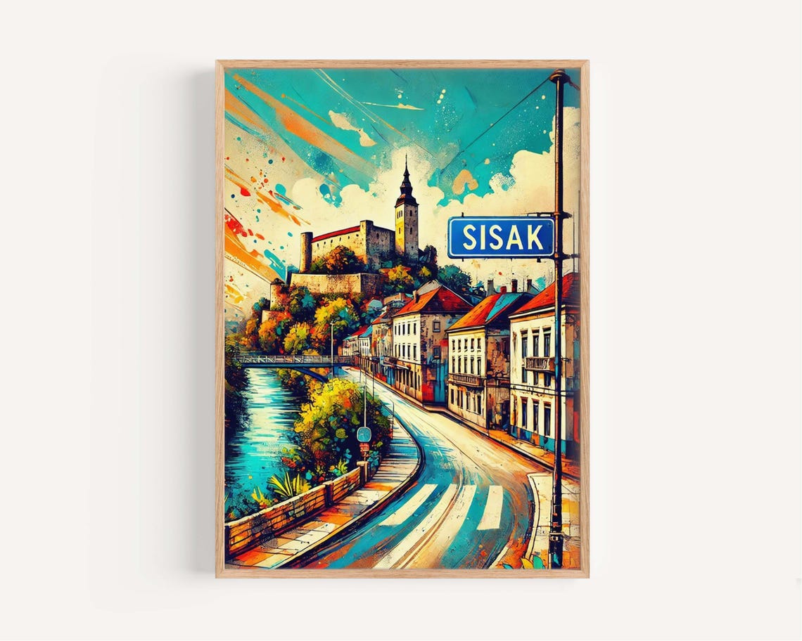 Sisak Croatia Riverside Old Town Watercolor Street Art Poster
