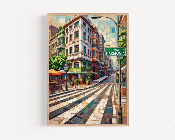 Rua Harmonia São Paulo Café Corner Mosaic Style Street Art Poster