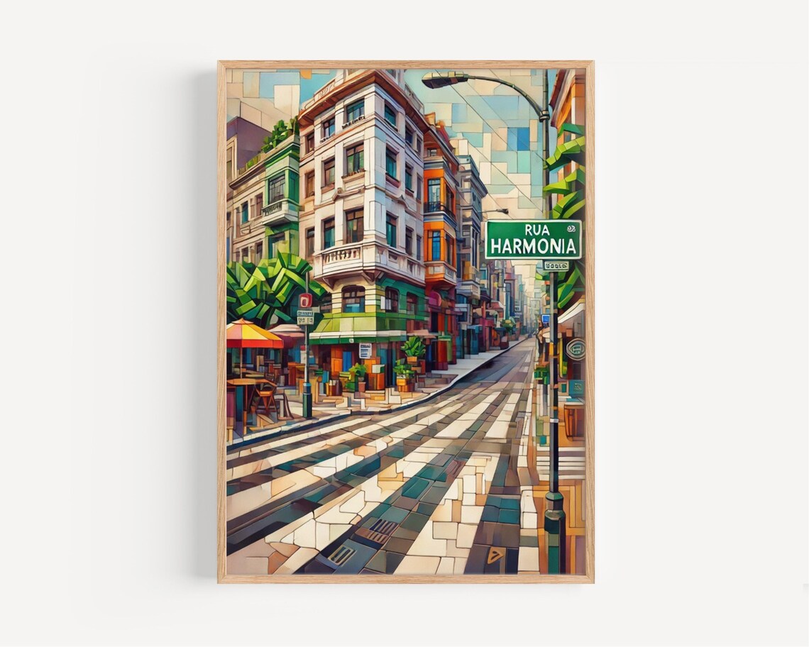 Rua Harmonia São Paulo Café Corner Mosaic Style Street Art Poster