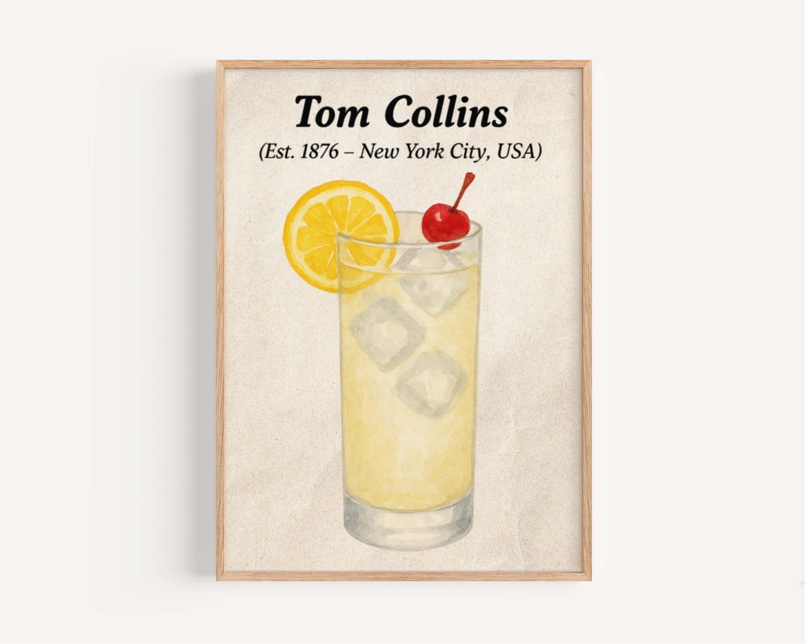 Tom Collins Cocktail Vintage Bar Recipe Lemon Cherry Drink Poster