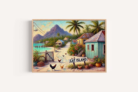 Cat Island Tropical Village Street Chickens Colorful Cottages Poster