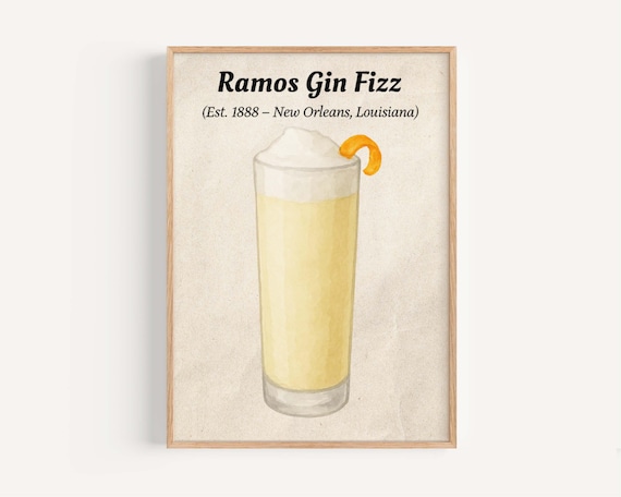 Ramos Gin Fizz Classic Cocktail Watercolor New Orleans Bar Poster