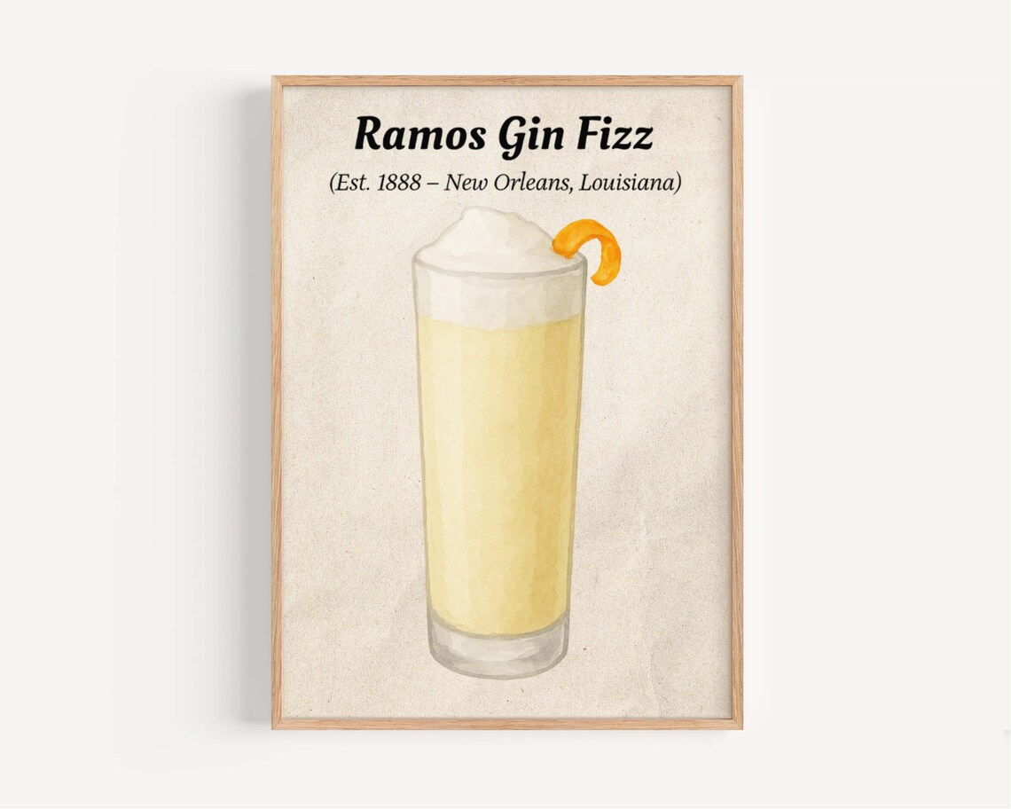 Ramos Gin Fizz Classic Cocktail Watercolor New Orleans Bar Poster