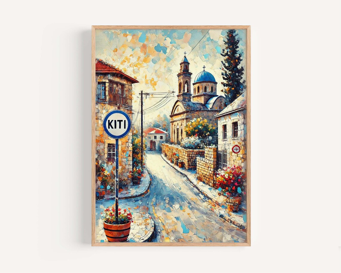 Kiti Cyprus Village Street With Church Colorful Art Travel Poster