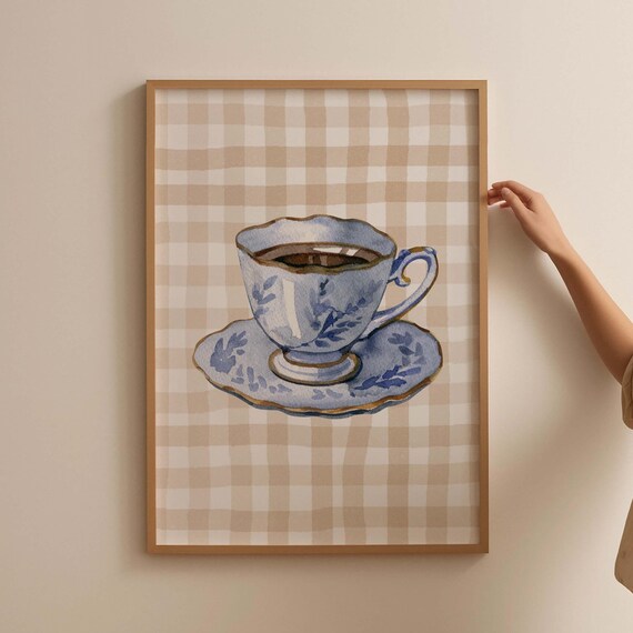 Vintage Blue Floral Tea Cup on Gingham Check Kitchen Art Poster