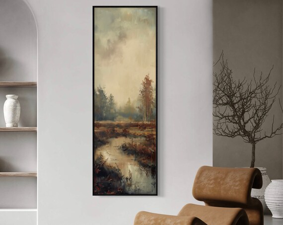 Moody Landscape Dramatic Foggy Forest With Water Reflection Print Earth Tone Narrow Wall Art For Rustic Home Decor