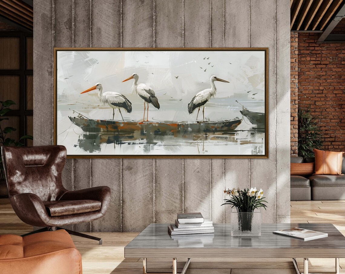 White Storks Foggy Lake Boat Misty Morning Elegant Wildlife Wall Art
