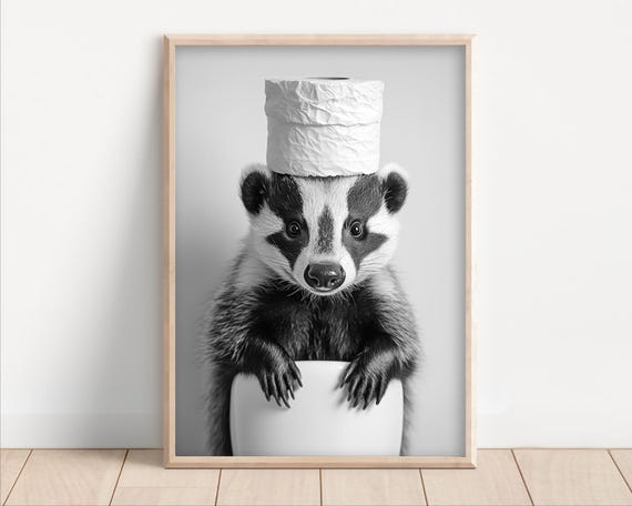 Badger With Toilet Paper On Poster Or Canvas Funny Bathroom Wall Art Kids Laundry Room Decor Animal Humor Photo Cute Print