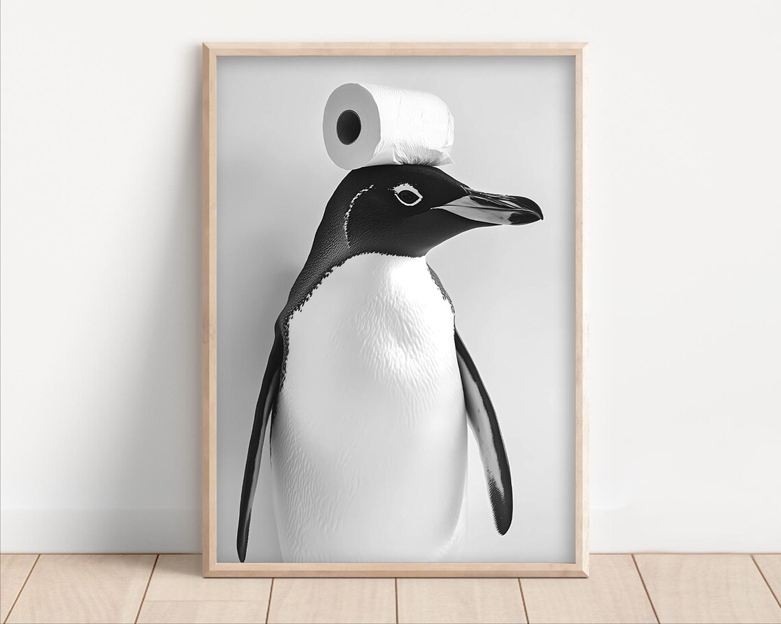 Penguin With Toilet Paper Funny Bathroom Wall Art
