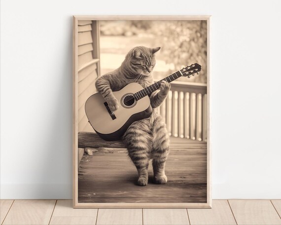 Cat Playing Acoustic Guitar Poster Or Canvas Funny Music Room Wall Art Vintage Style Animal Decor Quirky Humor Retro Photo Print