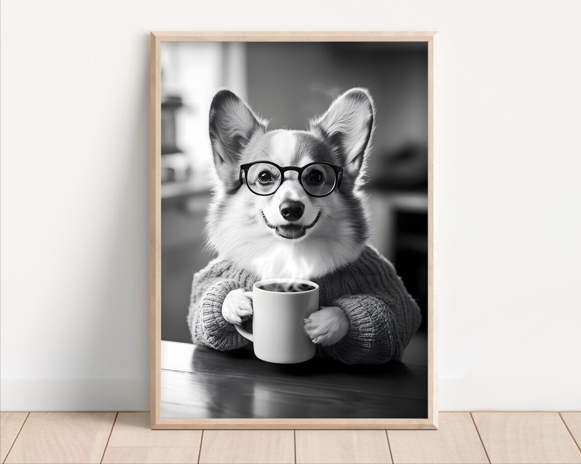 Corgi Dog Drinking Coffee Wearing Glasses Art Print