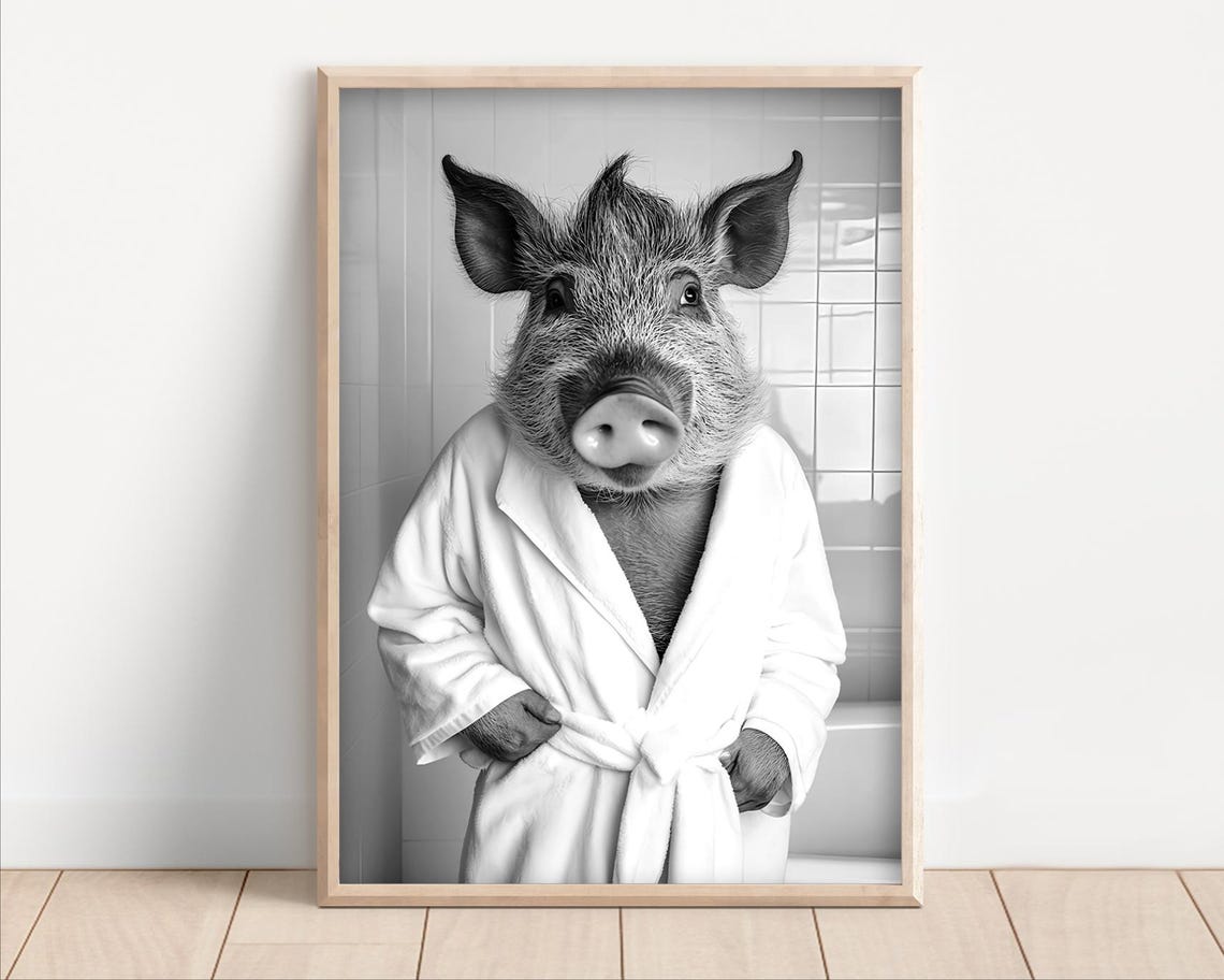 Wild Boar Wearing a Bathrobe Black and White Bathroom Poster