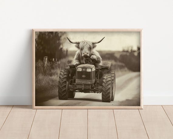 Highland Cow Driving A Tractor Poster Or Canvas Funny Farm Animal Wall Art Vintage Style Retro Kids Nursery Room Cute Rustic Farmhouse