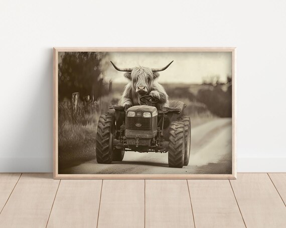 Highland Cow Driving Vintage Tractor Country Road Sepia Funny Poster