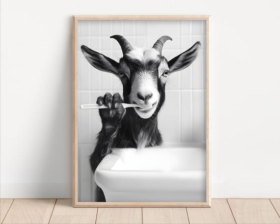 Goat Brushing Teeth Poster Or Canvas Funny Bathroom Wall Art Kids Laundry Room Decor Retro Animal Humor Cute Print