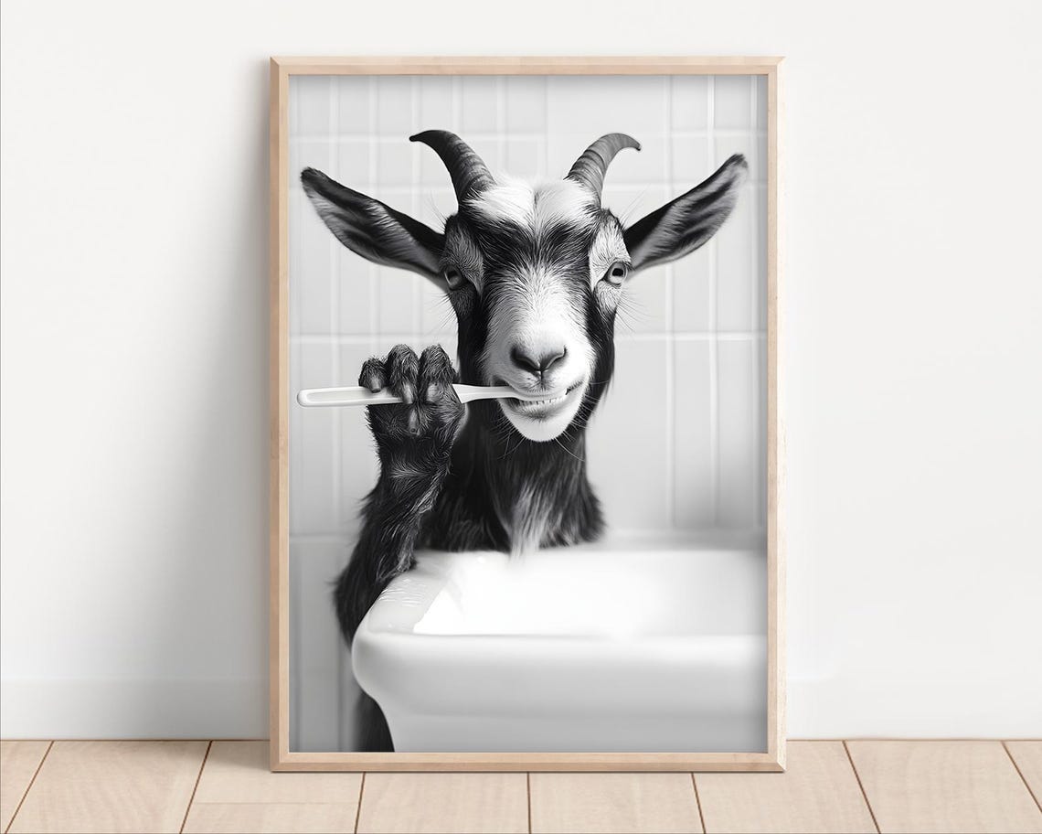 Smiling Goat Brushing Teeth Black and White Bathroom Wall Poster