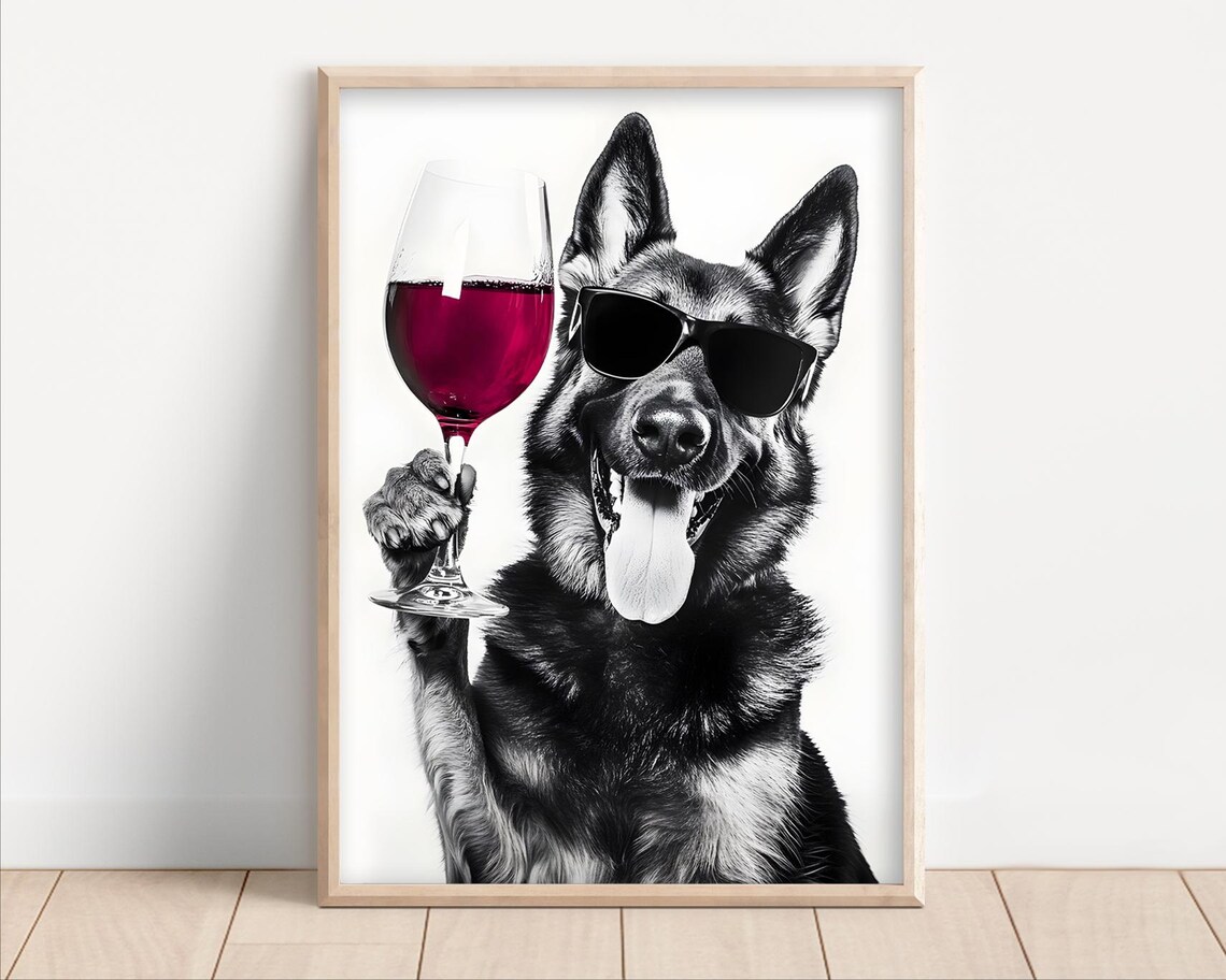 German Shepherd Drinking Wine Wearing Sunglasses Poster Or Canvas Lover Decor Funny Kitchen Wall Art Dog Humor Dining Room