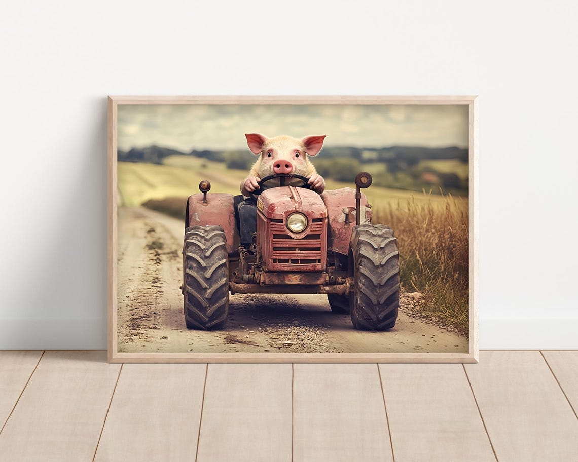 Pig Driving a Rusty Red Vintage Tractor Funny Farm Animal Poster