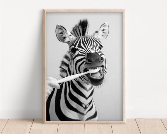 Zebra Brushing Teeth Poster Or Canvas Funny Bathroom Wall Art Kids Laundry Room Decor Vintage Style Retro Animal Print Cute Humor